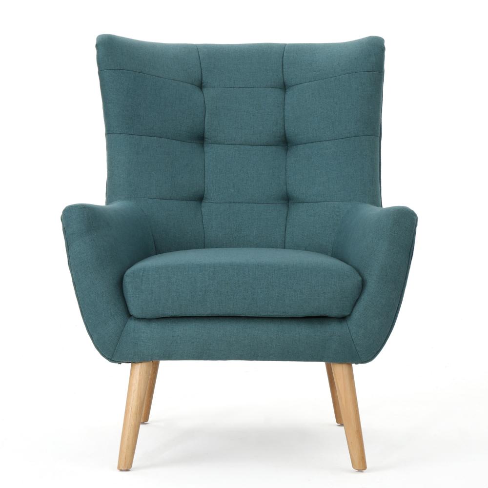 Benjara Ranie Accent Club Chair, Rubberwood Legs, Teal Button Tufted Polyester
