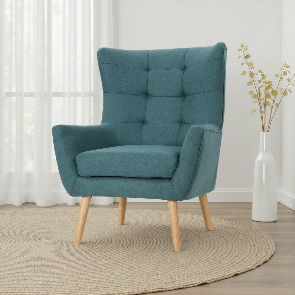 Benjara Ranie Accent Club Chair, Rubberwood Legs, Teal Button Tufted Polyester