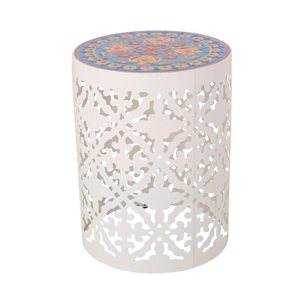 Benjara Riki Side End Table, 14 Inch, Mosaic Tile Rattan, White Lace Cut Metal