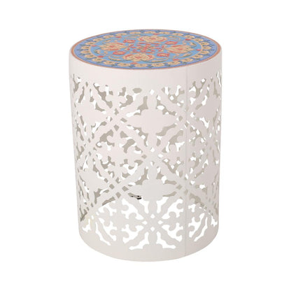 Benjara Riki Side End Table, 14 Inch, Mosaic Tile Rattan, White Lace Cut Metal