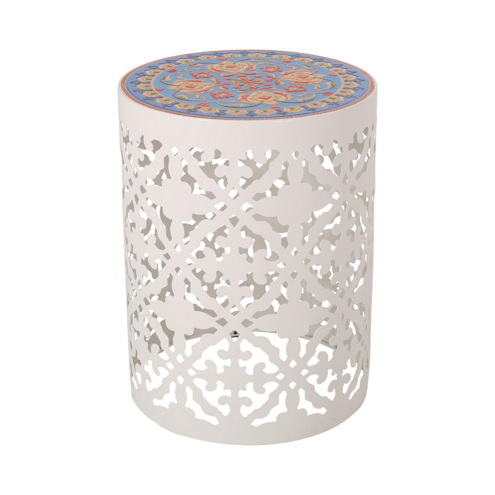 Benjara Riki Side End Table, 14 Inch, Mosaic Tile Rattan, White Lace Cut Metal