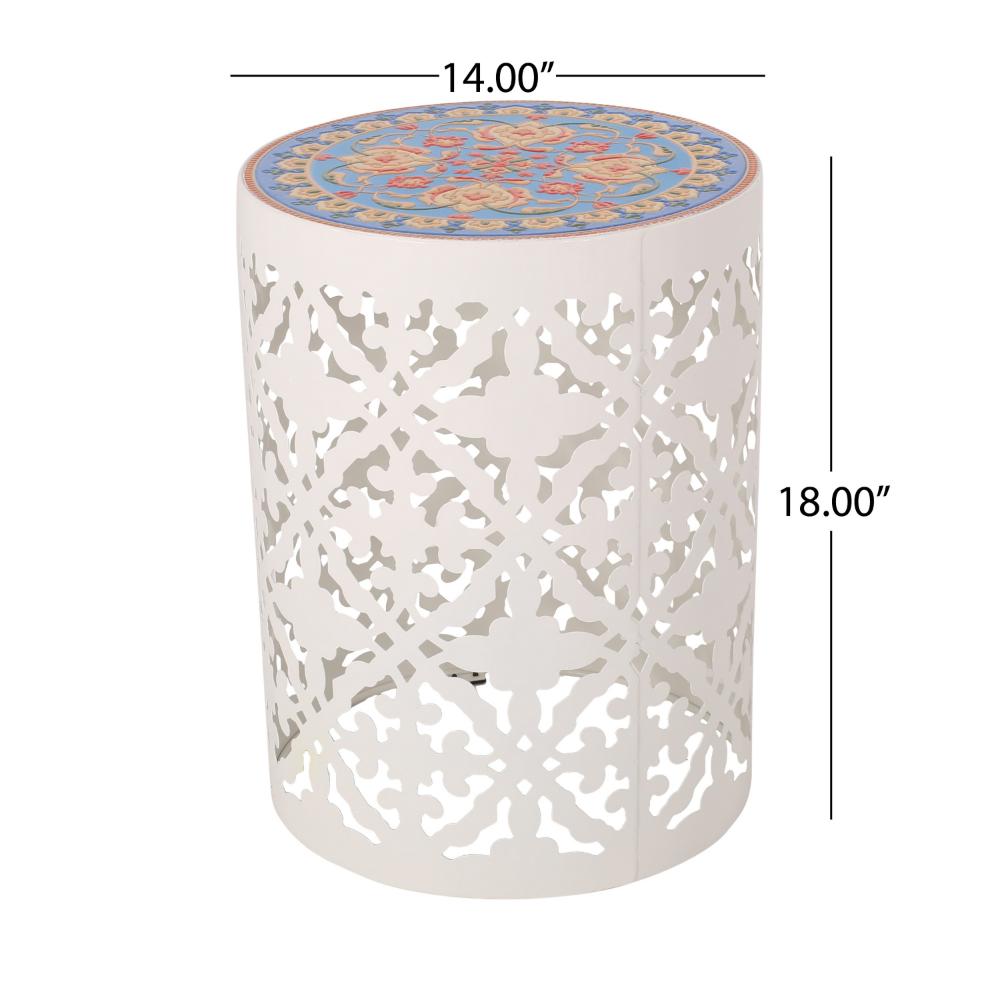 Benjara Riki Side End Table, 14 Inch, Mosaic Tile Rattan, White Lace Cut Metal