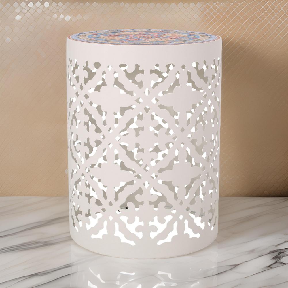 Benjara Riki Side End Table, 14 Inch, Mosaic Tile Rattan, White Lace Cut Metal