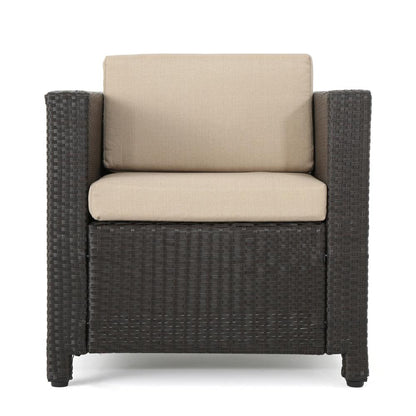 Benjara Elza Outdoor Accent Chair, Iron, Brown Faux Rattan Wicker, Beige