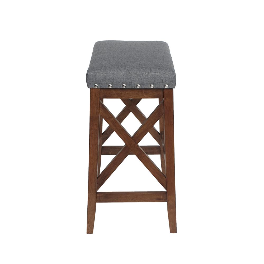 Benjara Arica Barstool Set of 2, Saddle Seat X-Cross Rubberwood, Charcoal Gray