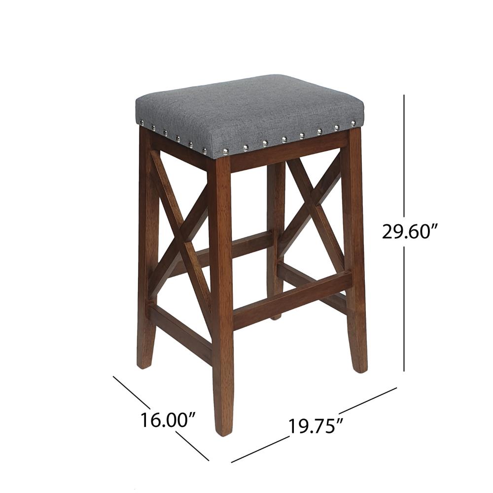 Benjara Arica Barstool Set of 2, Saddle Seat X-Cross Rubberwood, Charcoal Gray