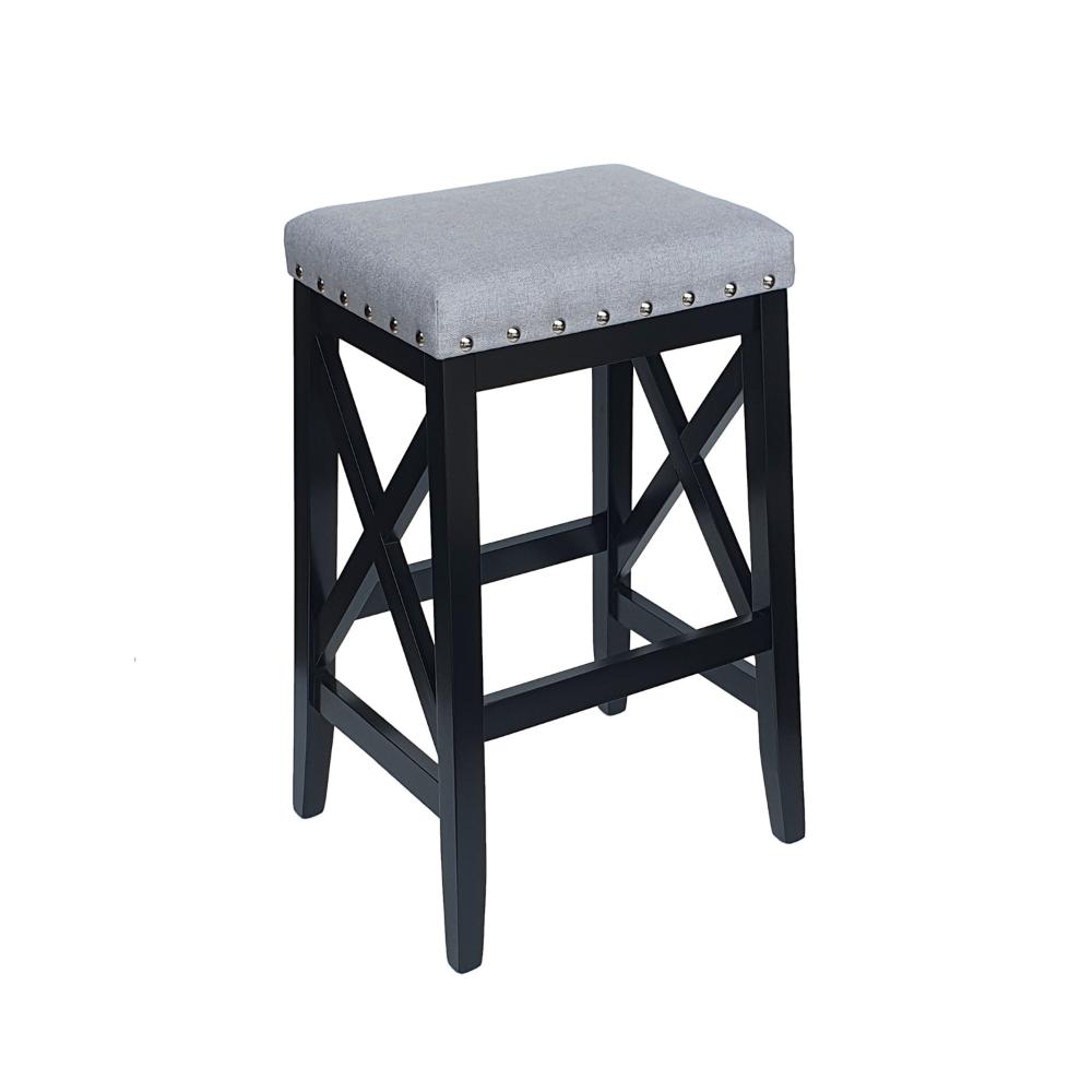 Benjara Arica Barstool Set of 2, Saddle Seat X-Cross Rubberwood, Light Gray