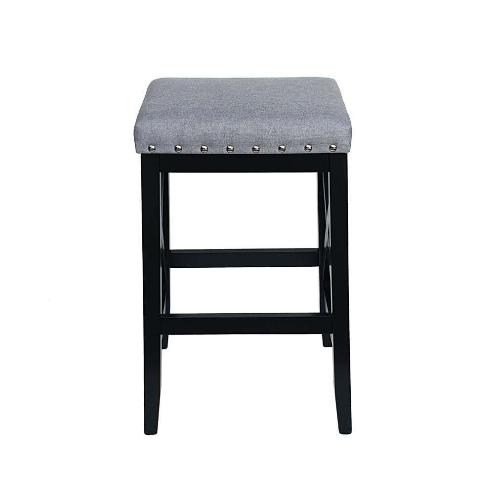 Benjara Arica Barstool Set of 2, Saddle Seat X-Cross Rubberwood, Light Gray
