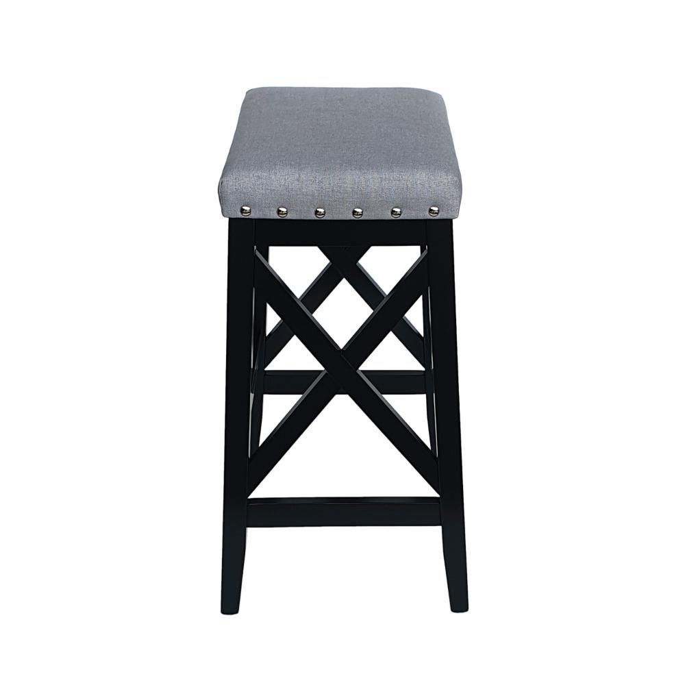 Benjara Arica Barstool Set of 2, Saddle Seat X-Cross Rubberwood, Light Gray