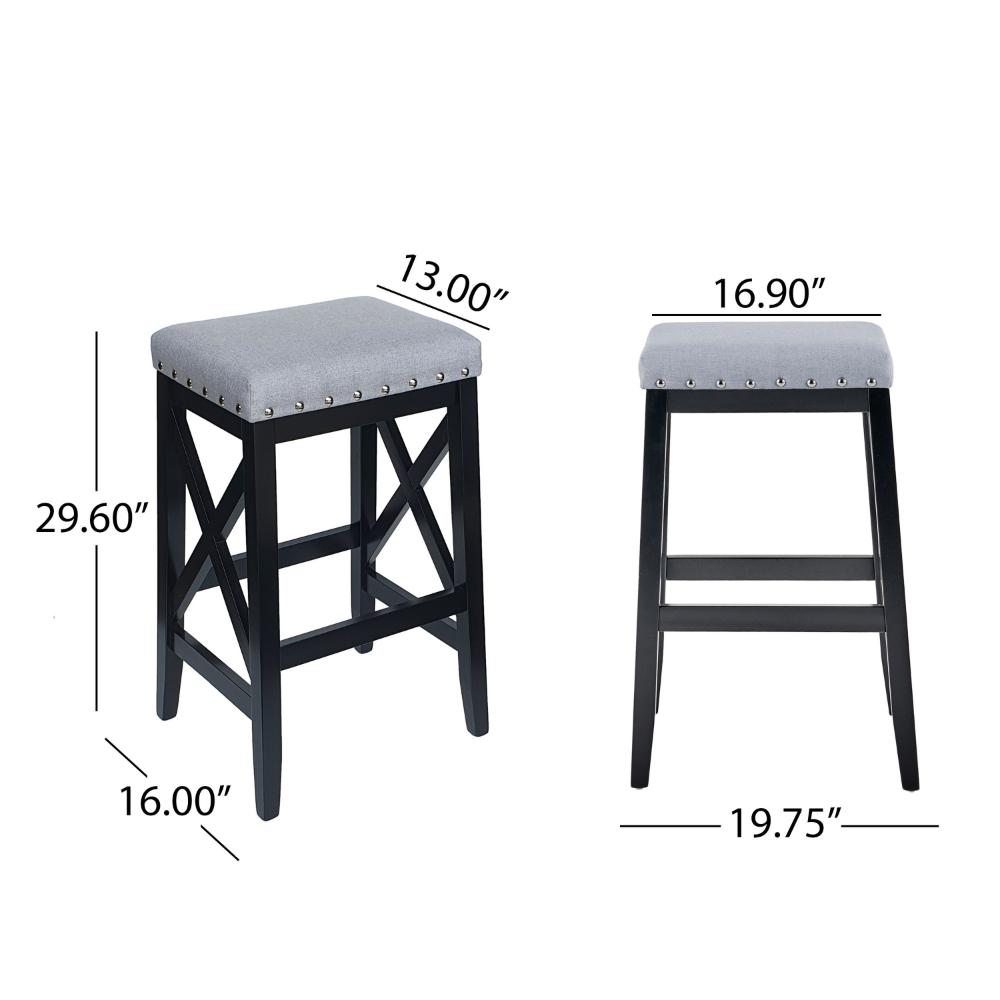 Benjara Arica Barstool Set of 2, Saddle Seat X-Cross Rubberwood, Light Gray