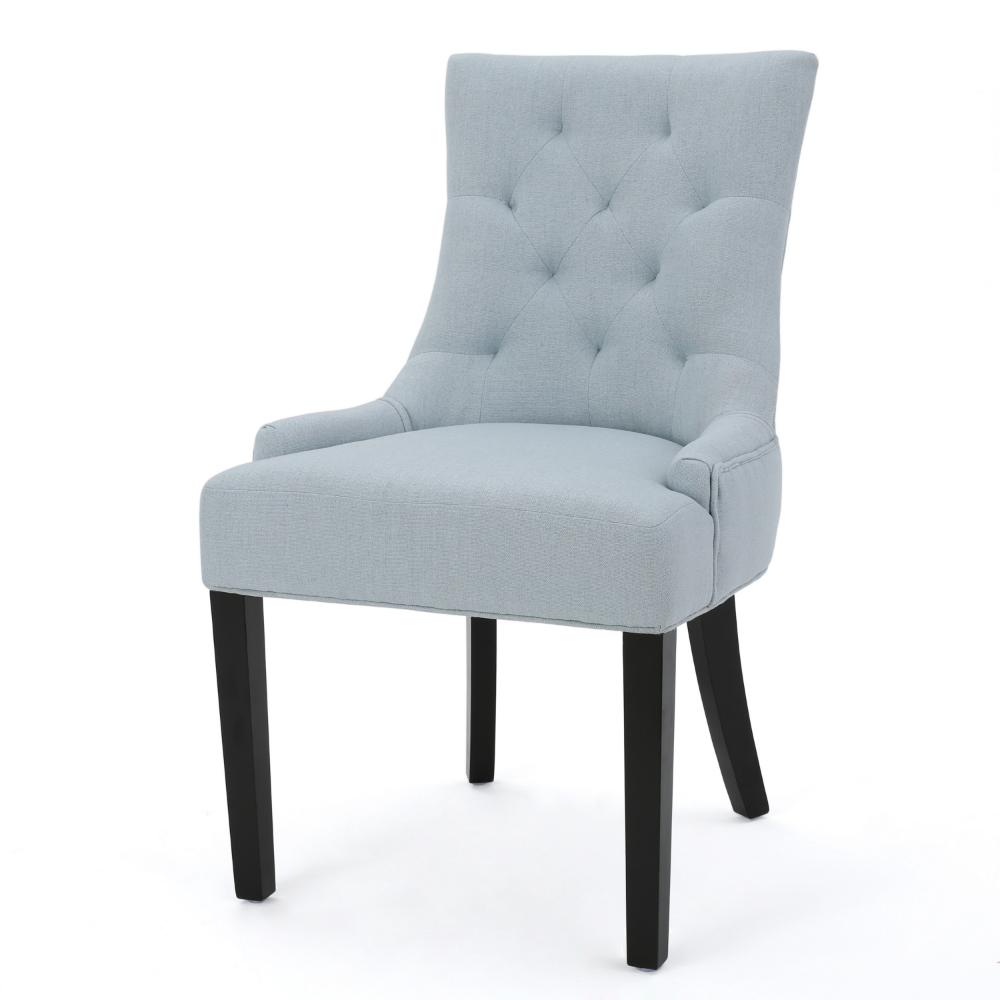 Benjara Chen Dining Chair Set of 2, Espresso Wood, Light Blue Button Tufted