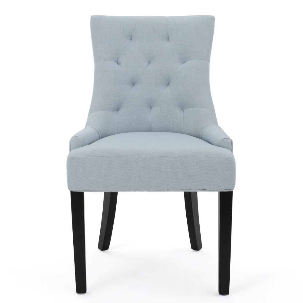 Benjara Chen Dining Chair Set of 2, Espresso Wood, Light Blue Button Tufted