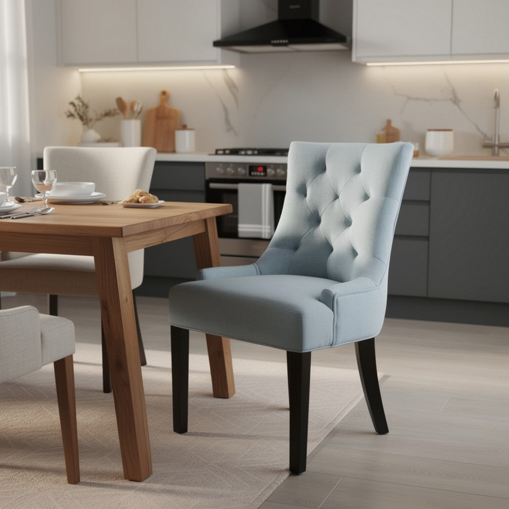 Benjara Chen Dining Chair Set of 2, Espresso Wood, Light Blue Button Tufted