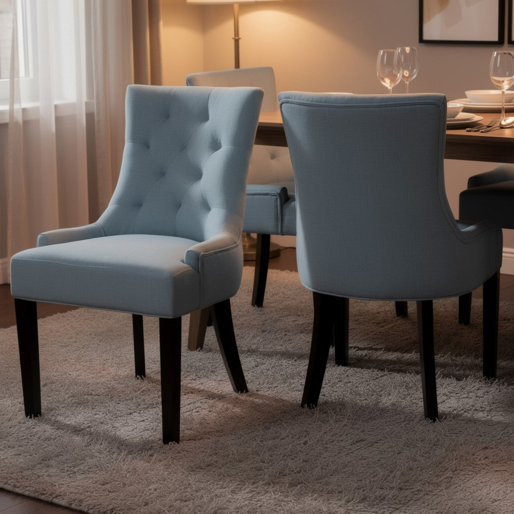 Benjara Chen Dining Chair Set of 2, Espresso Wood, Light Blue Button Tufted