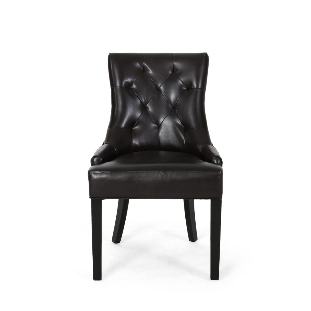 Benjara Chen Dining Chair Set of 2, Sloped Arms, Tufted Brown Faux Leather
