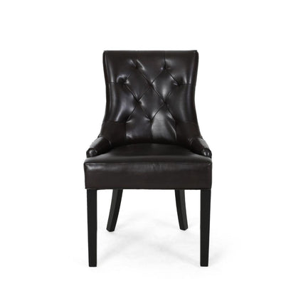 Benjara Chen Dining Chair Set of 2, Sloped Arms, Tufted Brown Faux Leather
