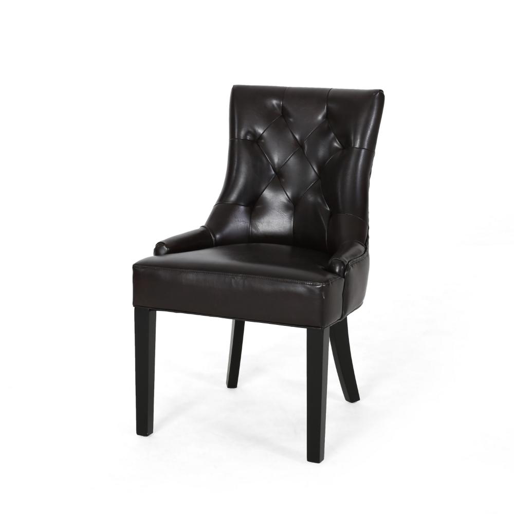Benjara Chen Dining Chair Set of 2, Sloped Arms, Tufted Brown Faux Leather