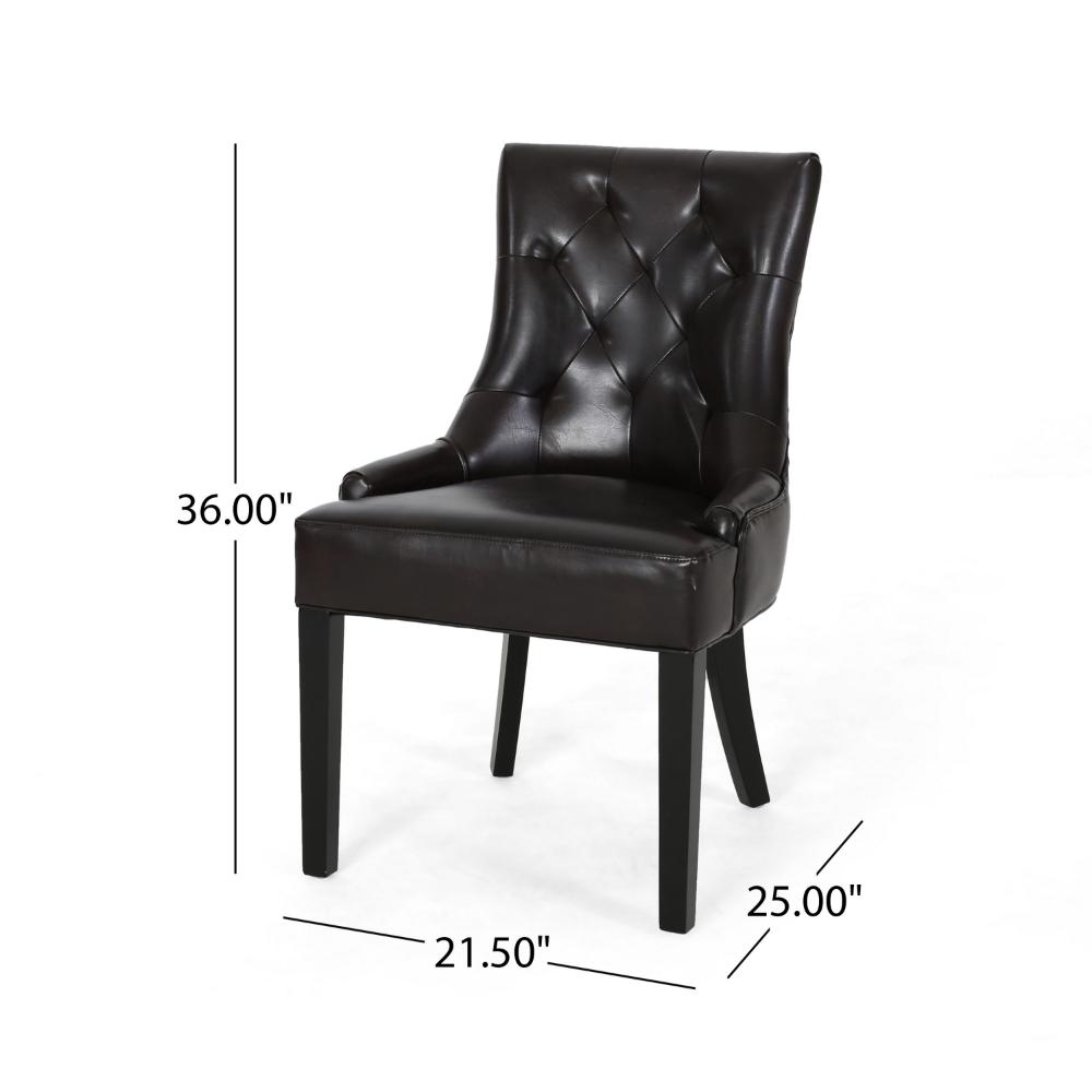 Benjara Chen Dining Chair Set of 2, Sloped Arms, Tufted Brown Faux Leather