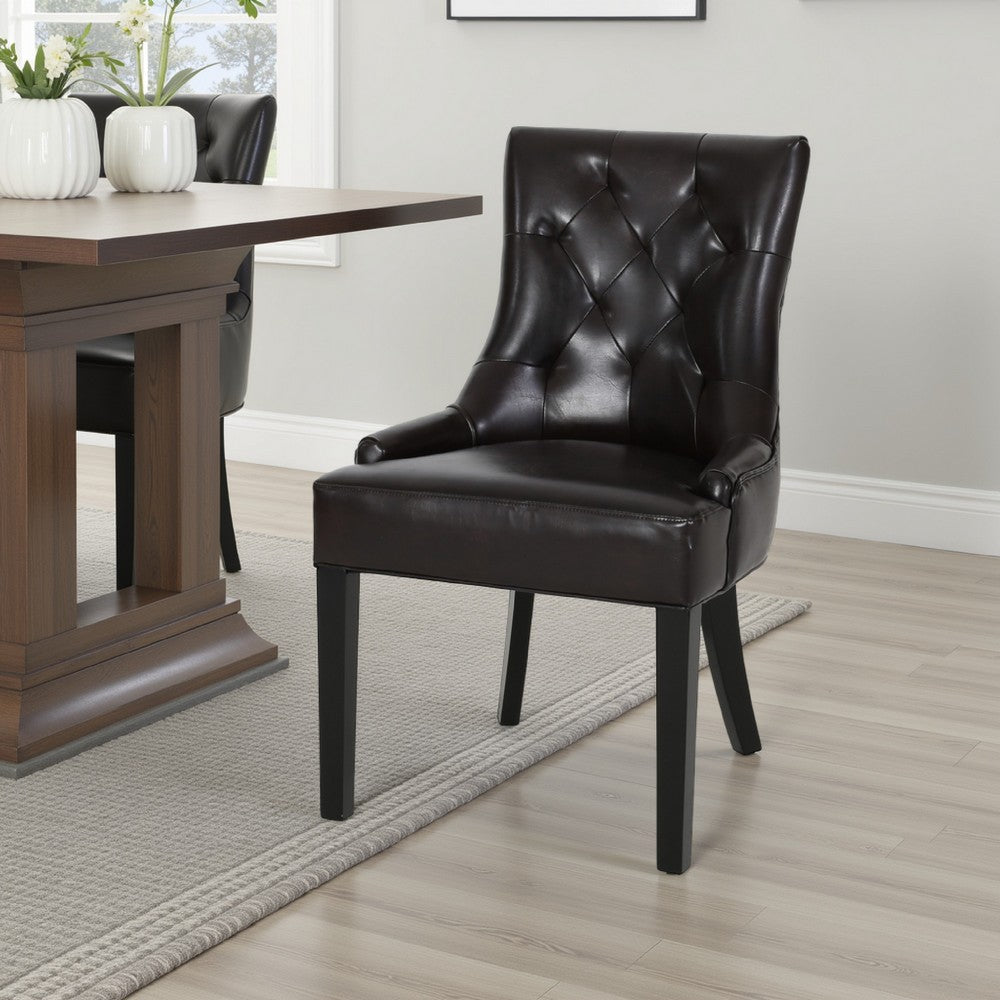 Benjara Chen Dining Chair Set of 2, Sloped Arms, Tufted Brown Faux Leather