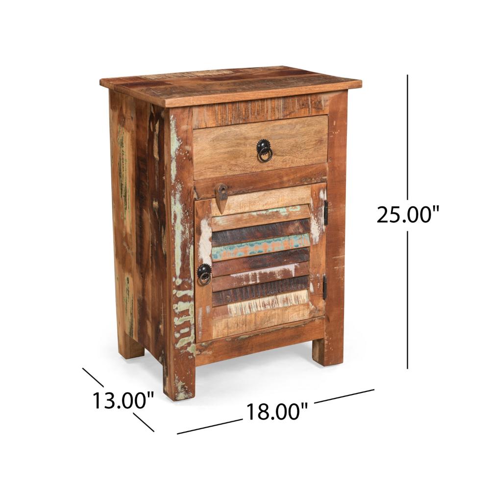 Benjara Side End Table, Storage, 25 Inch Black Metal, Natural Distressed Wood