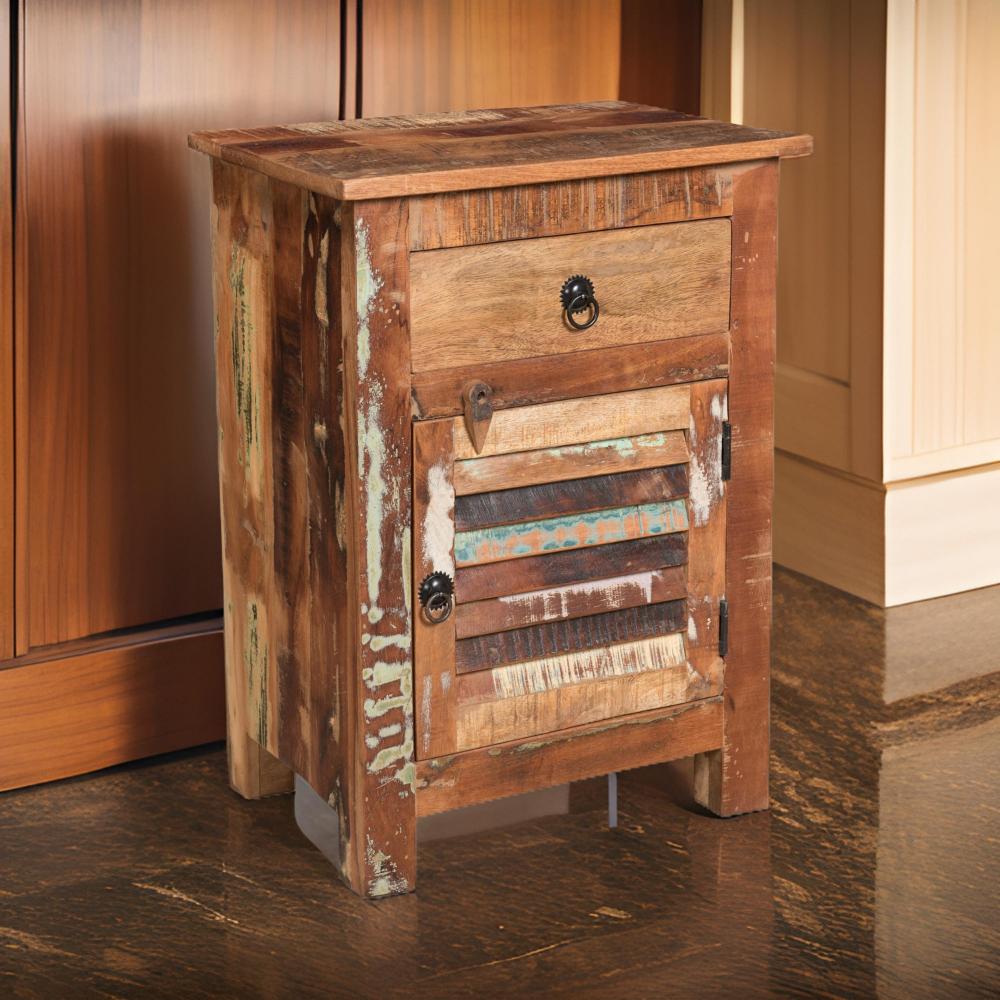 Benjara Side End Table, Storage, 25 Inch Black Metal, Natural Distressed Wood