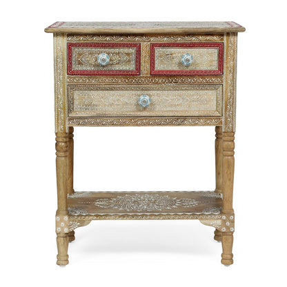 Benjara Side End Table with 2 Drawers, 1 Shelf, 24 Inch Natural Mango Wood