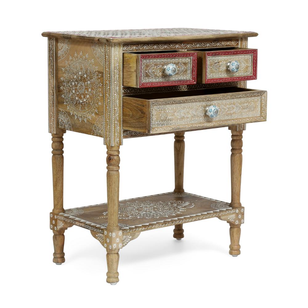 Benjara Side End Table with 2 Drawers, 1 Shelf, 24 Inch Natural Mango Wood