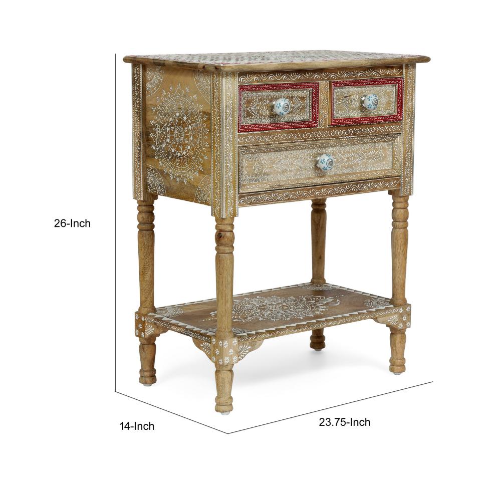 Benjara Side End Table with 2 Drawers, 1 Shelf, 24 Inch Natural Mango Wood