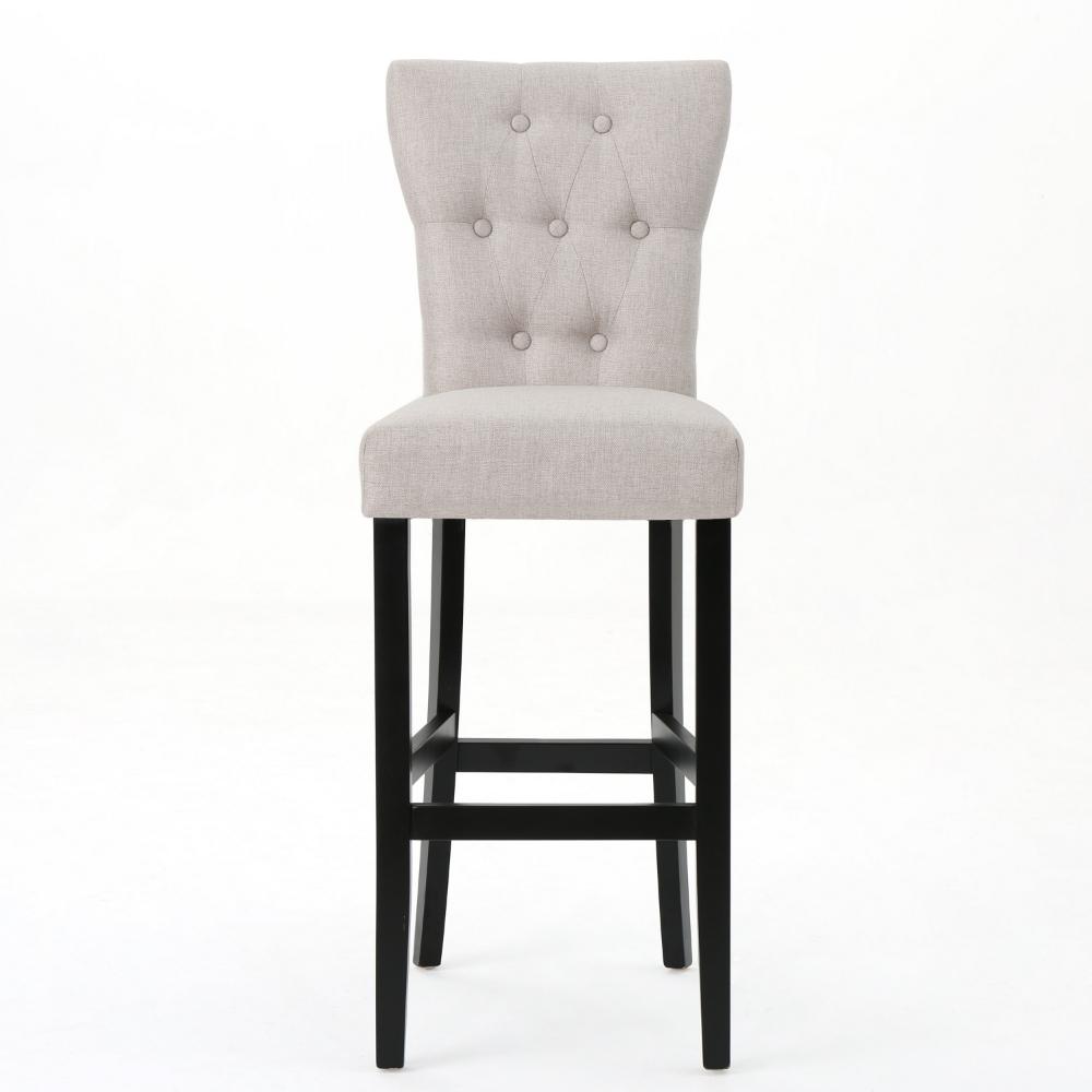 Benjara Arine Barstool Chair Set of 2, Flared Rubberwood, Wheat Button Tufted