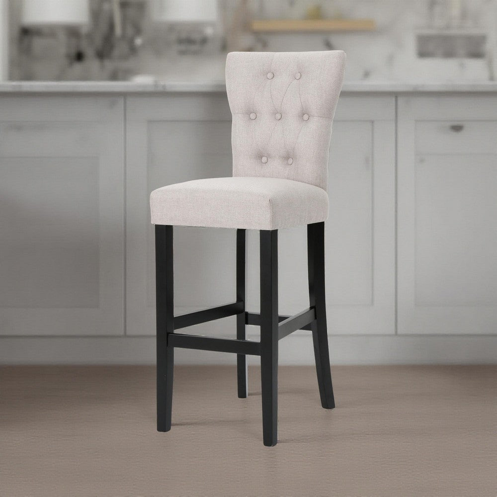 Benjara Arine Barstool Chair Set of 2, Flared Rubberwood, Wheat Button Tufted