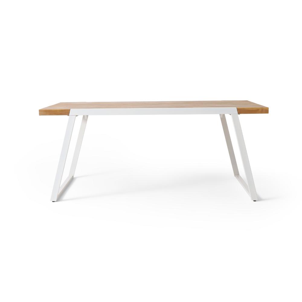 Benjara Outdoor Dining Table, Splayed White Sled Base, 71 Inch Acacia Wood