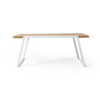 Benjara Outdoor Dining Table, Splayed White Sled Base, 71 Inch Acacia Wood