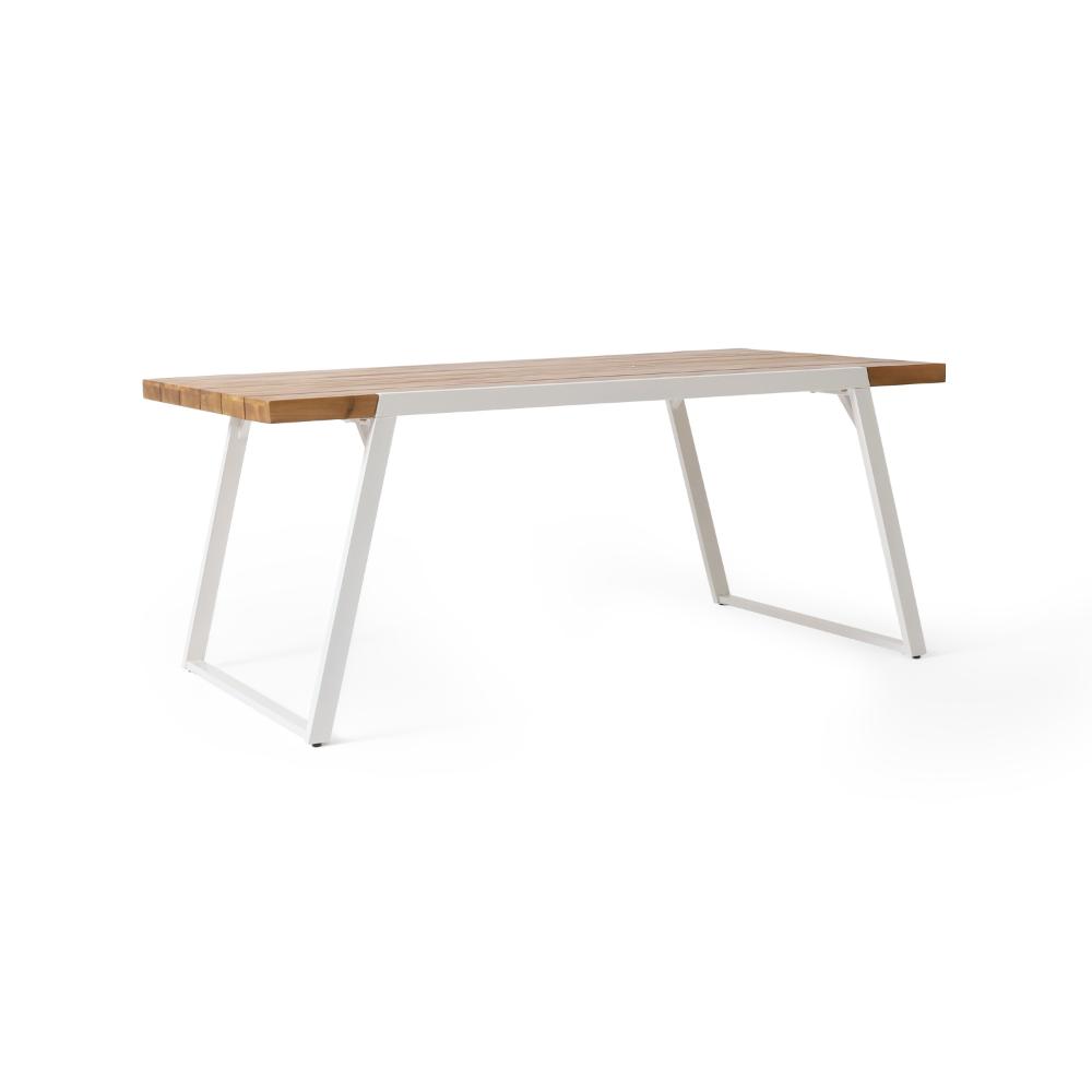 Benjara Outdoor Dining Table, Splayed White Sled Base, 71 Inch Acacia Wood