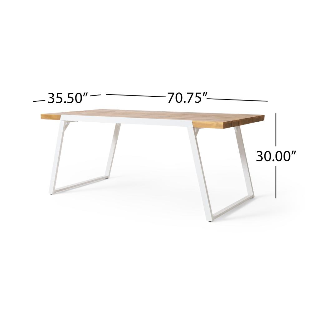 Benjara Outdoor Dining Table, Splayed White Sled Base, 71 Inch Acacia Wood