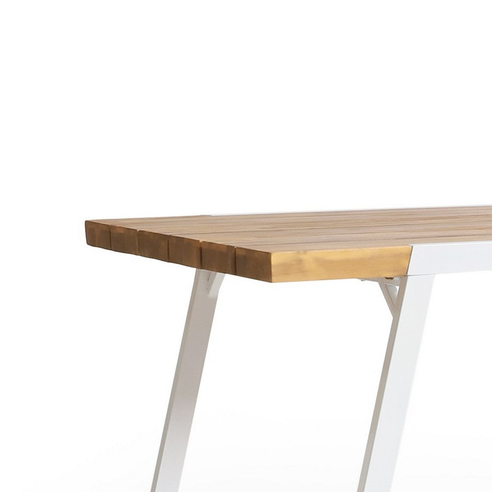 Benjara Outdoor Dining Table, Splayed White Sled Base, 71 Inch Acacia Wood