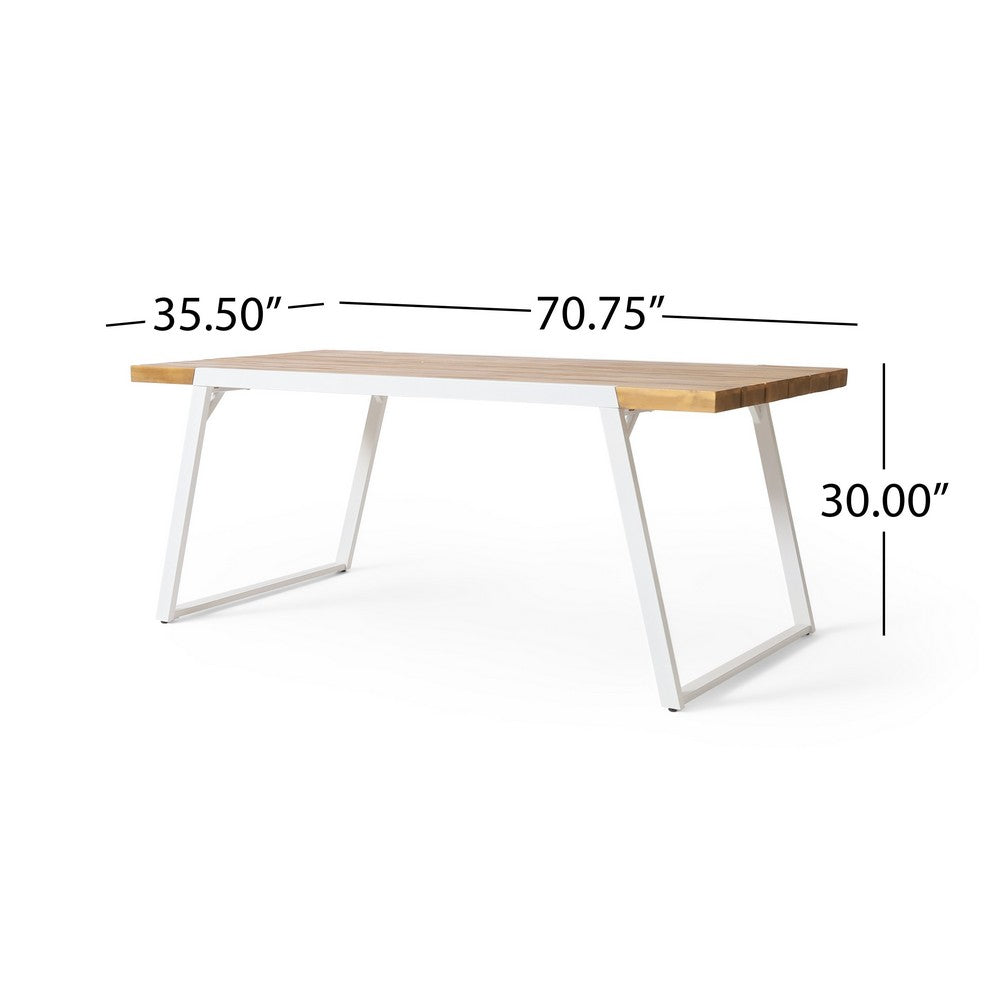 Benjara Outdoor Dining Table, Splayed White Sled Base, 71 Inch Acacia Wood