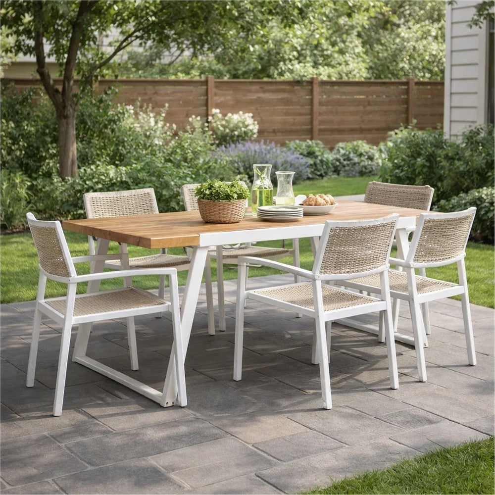 Benjara Outdoor Dining Table, Splayed White Sled Base, 71 Inch Acacia Wood
