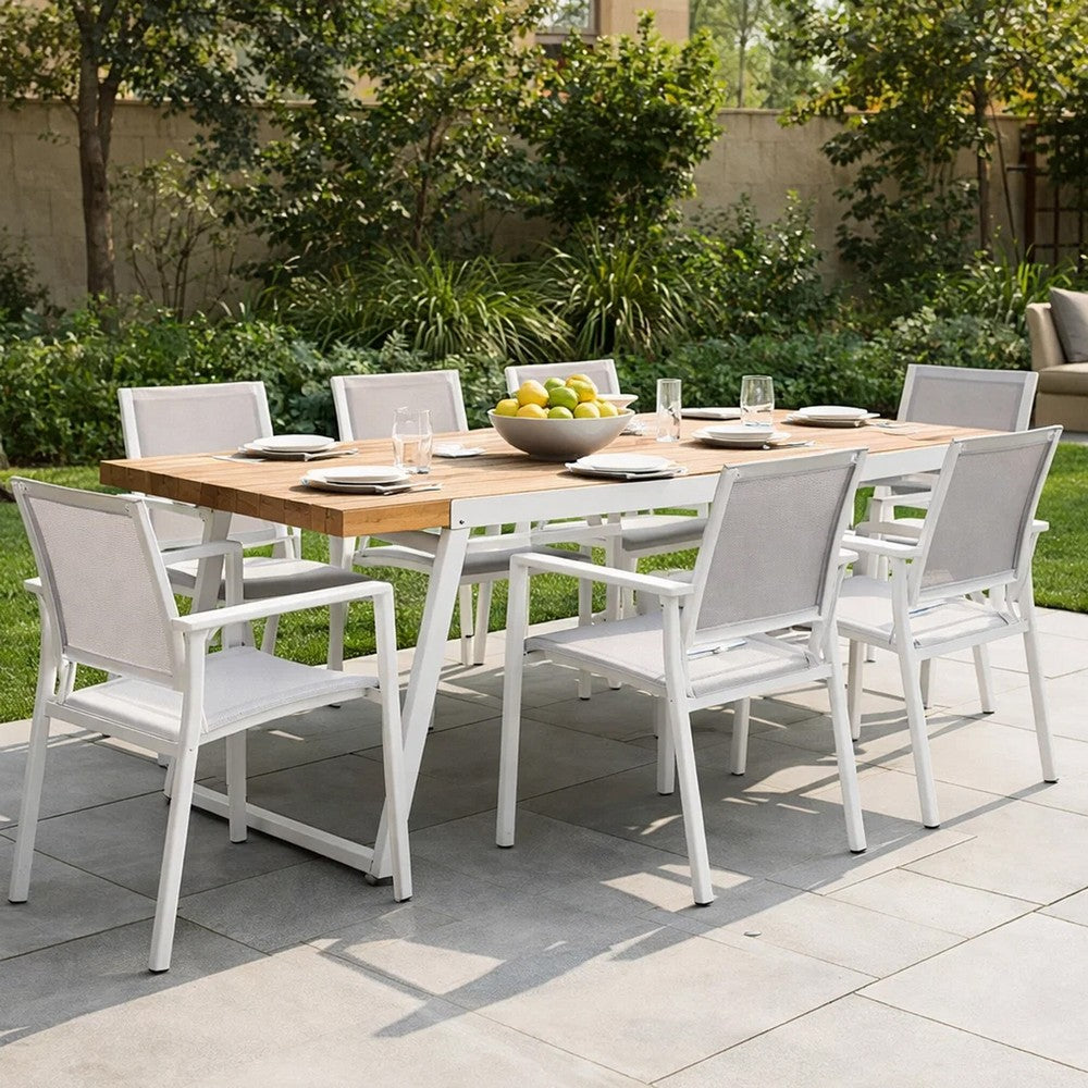 Benjara Outdoor Dining Table, Splayed White Sled Base, 71 Inch Acacia Wood
