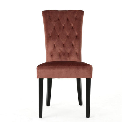 Benjara Chary Dining Chair Set of 2, Brown Wood, Blush Pink Tufted Velvet