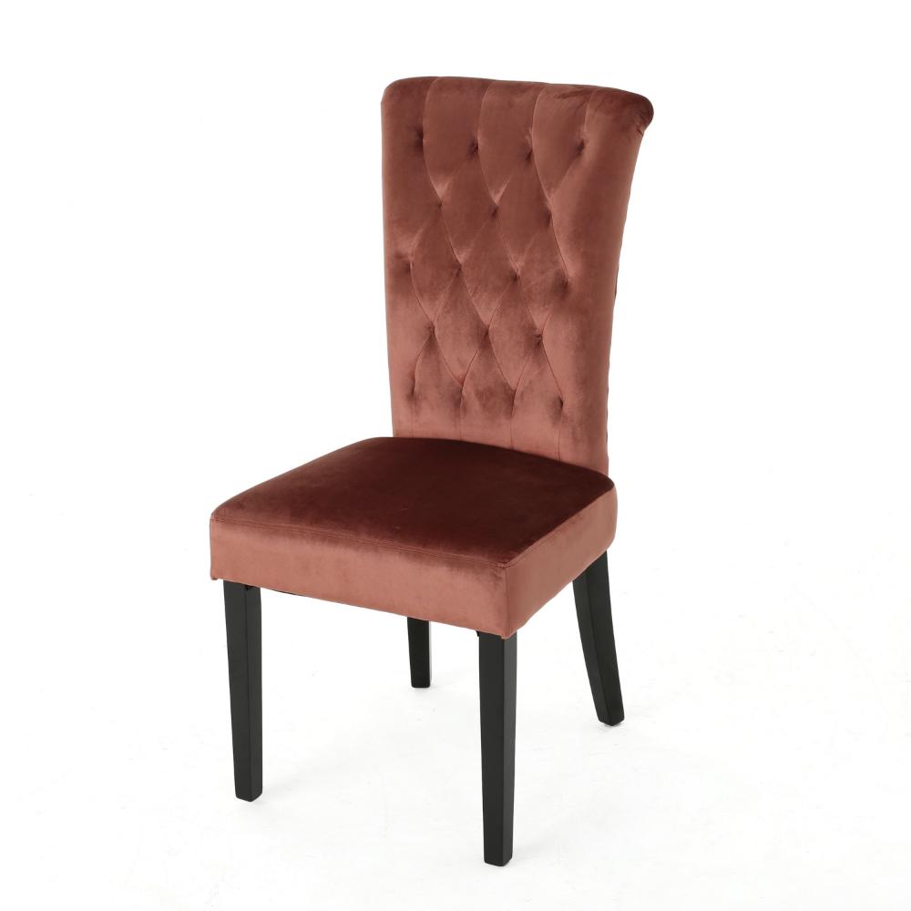 Benjara Chary Dining Chair Set of 2, Brown Wood, Blush Pink Tufted Velvet