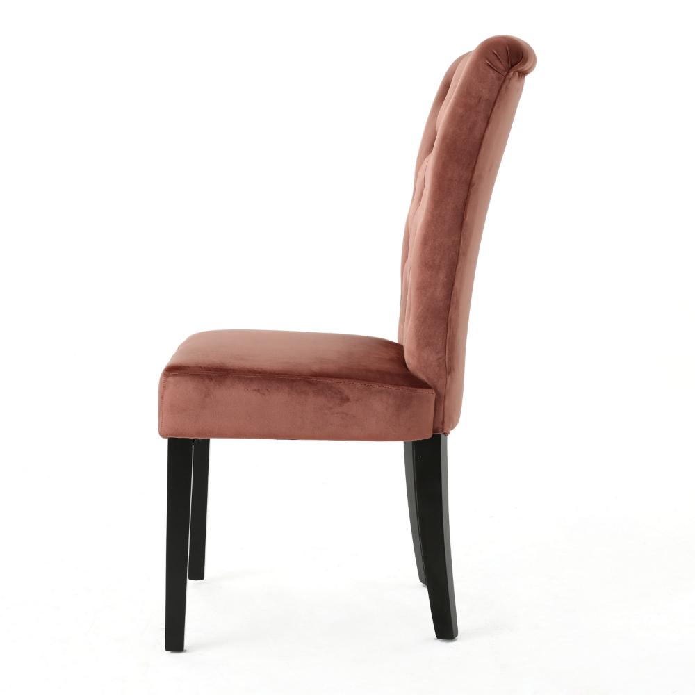 Benjara Chary Dining Chair Set of 2, Brown Wood, Blush Pink Tufted Velvet