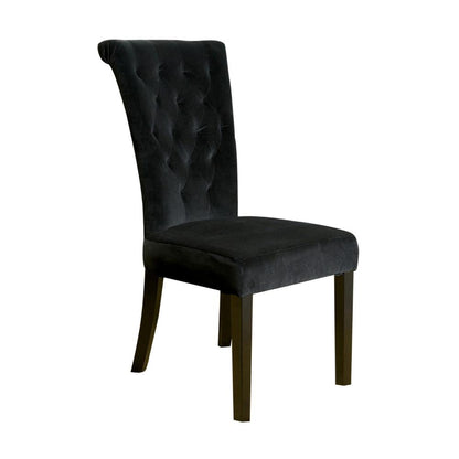 Benjara Chary Dining Chair Set of 2, Brown Wood, Classic Black Tufted Velvet
