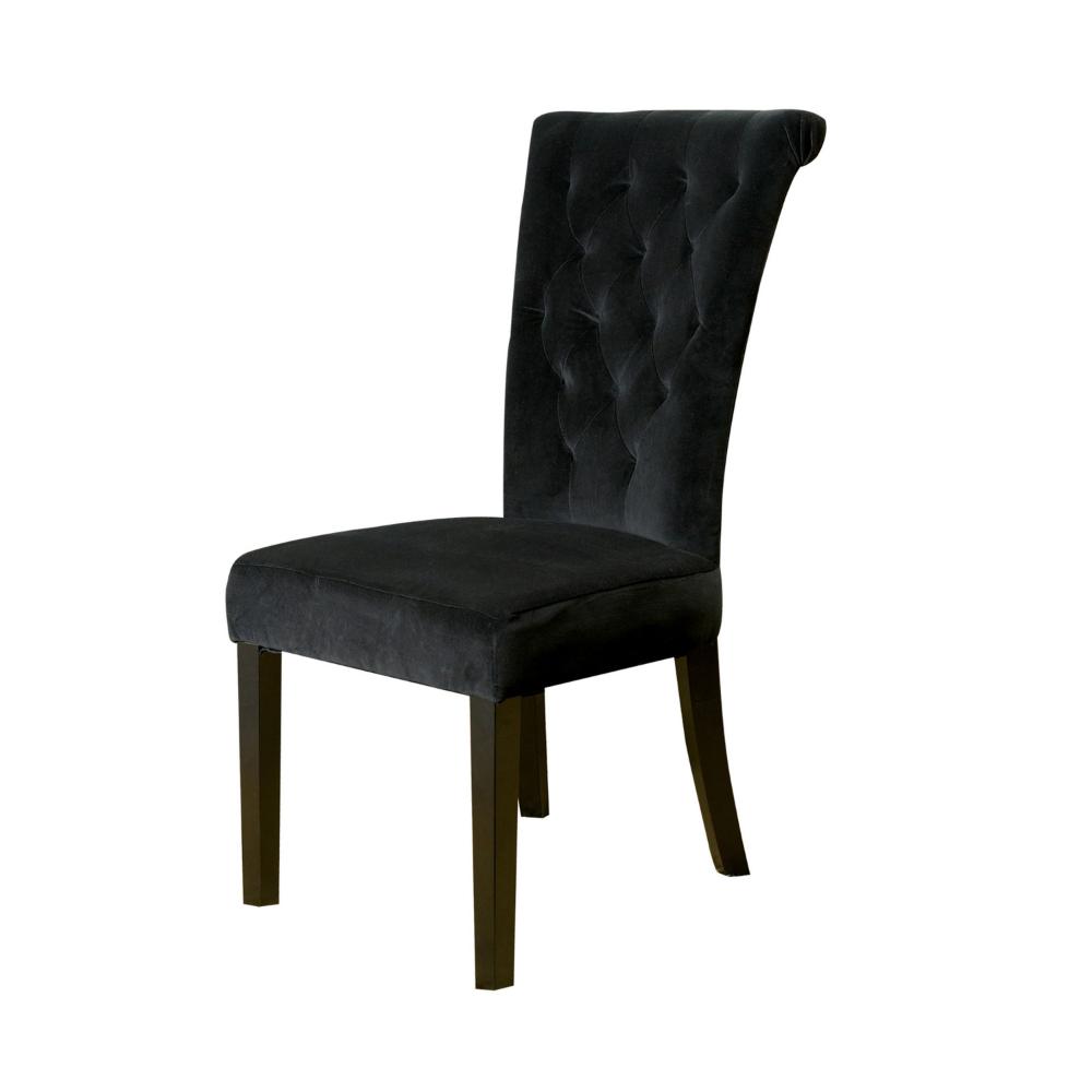 Benjara Chary Dining Chair Set of 2, Brown Wood, Classic Black Tufted Velvet