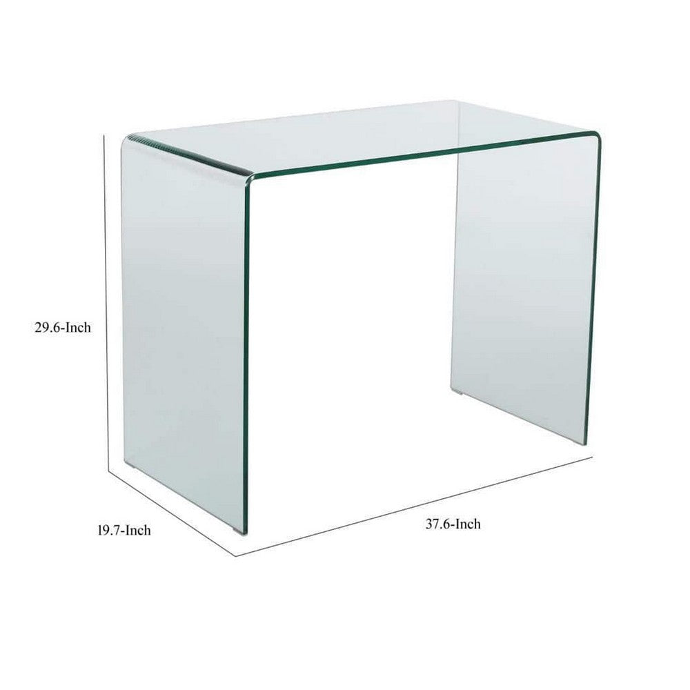 Benjara Glass Dining Table, 38 Inch Rectangular Waterfall Edge, Small Space