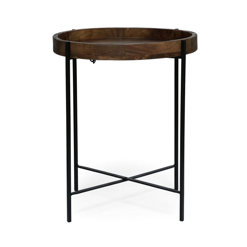 Benjara Peo Modern Side End Table, 22 Inch Round Wood Tray, Black Metal Base