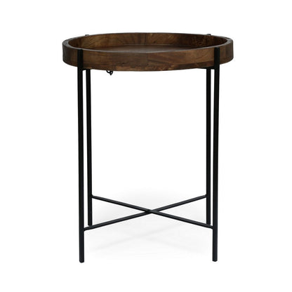 Benjara Peo Modern Side End Table, 22 Inch Round Wood Tray, Black Metal Base