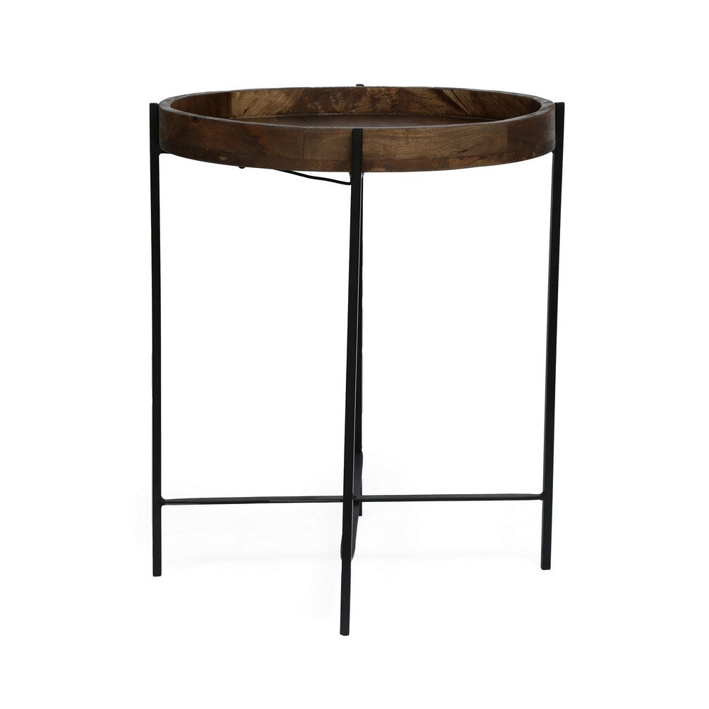 Benjara Peo Modern Side End Table, 22 Inch Round Wood Tray, Black Metal Base