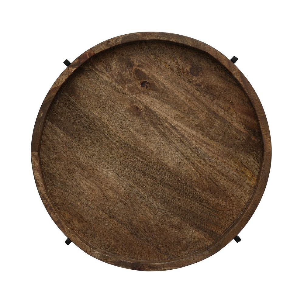 Benjara Peo Modern Side End Table, 22 Inch Round Wood Tray, Black Metal Base