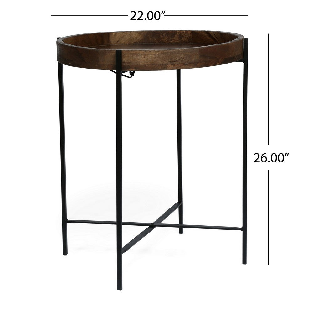 Benjara Peo Modern Side End Table, 22 Inch Round Wood Tray, Black Metal Base
