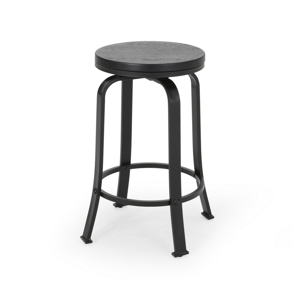 Benjara Lni Swivel Counter Stool Set of 2, Faux Wood Seat w Curved Black Metal